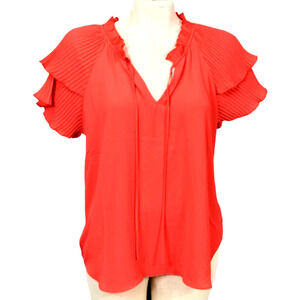 VIOLET CLAIRE Orange ruffle short sleeve V-neck blouse women's size Large